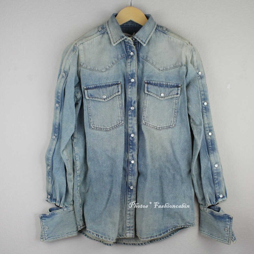 NWT Valentino Western Streetwear Snap Button Sleeve Denim Shirt, Light Fading